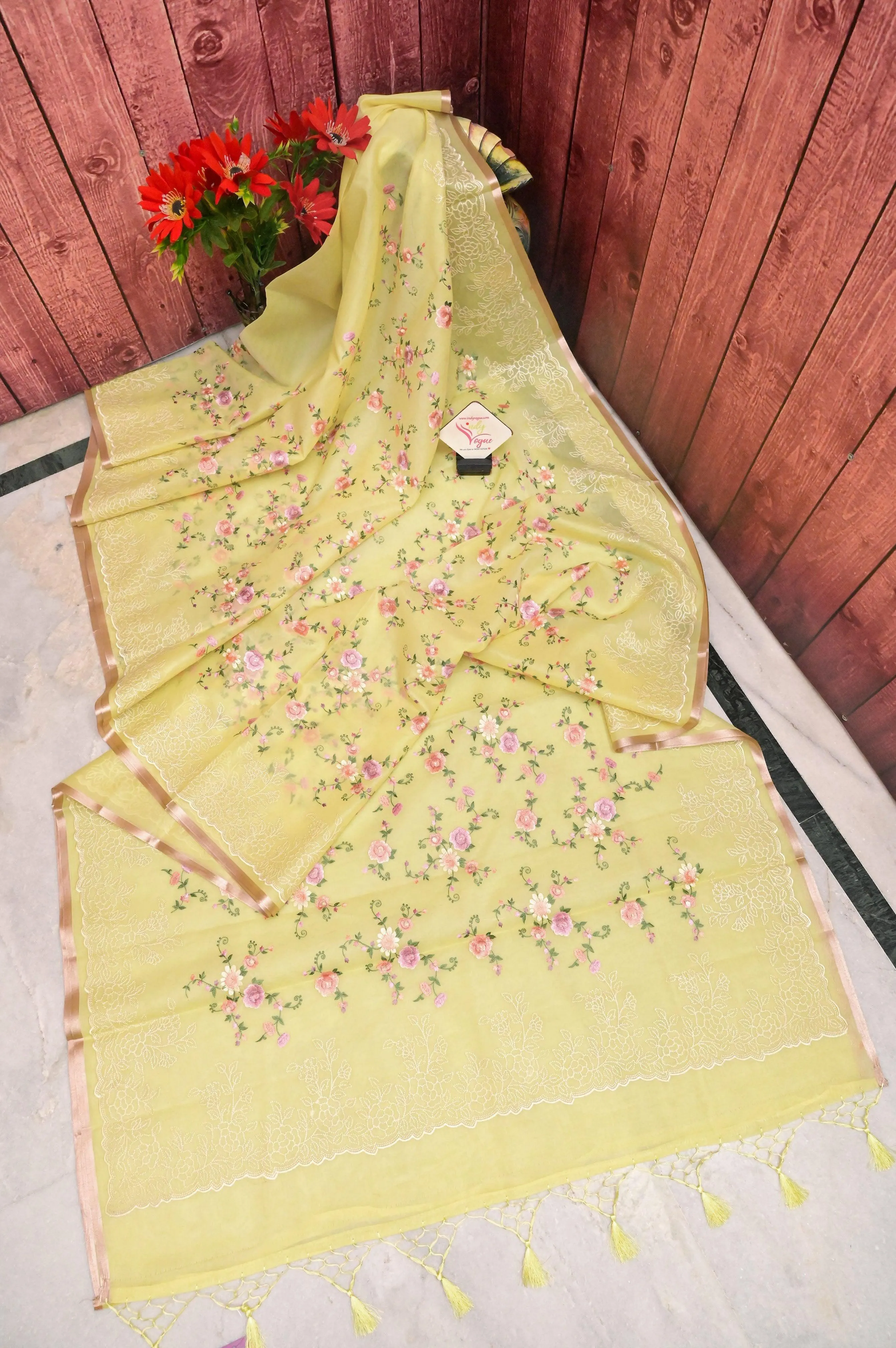 Yellow Organza Saree with Machine Embroidery