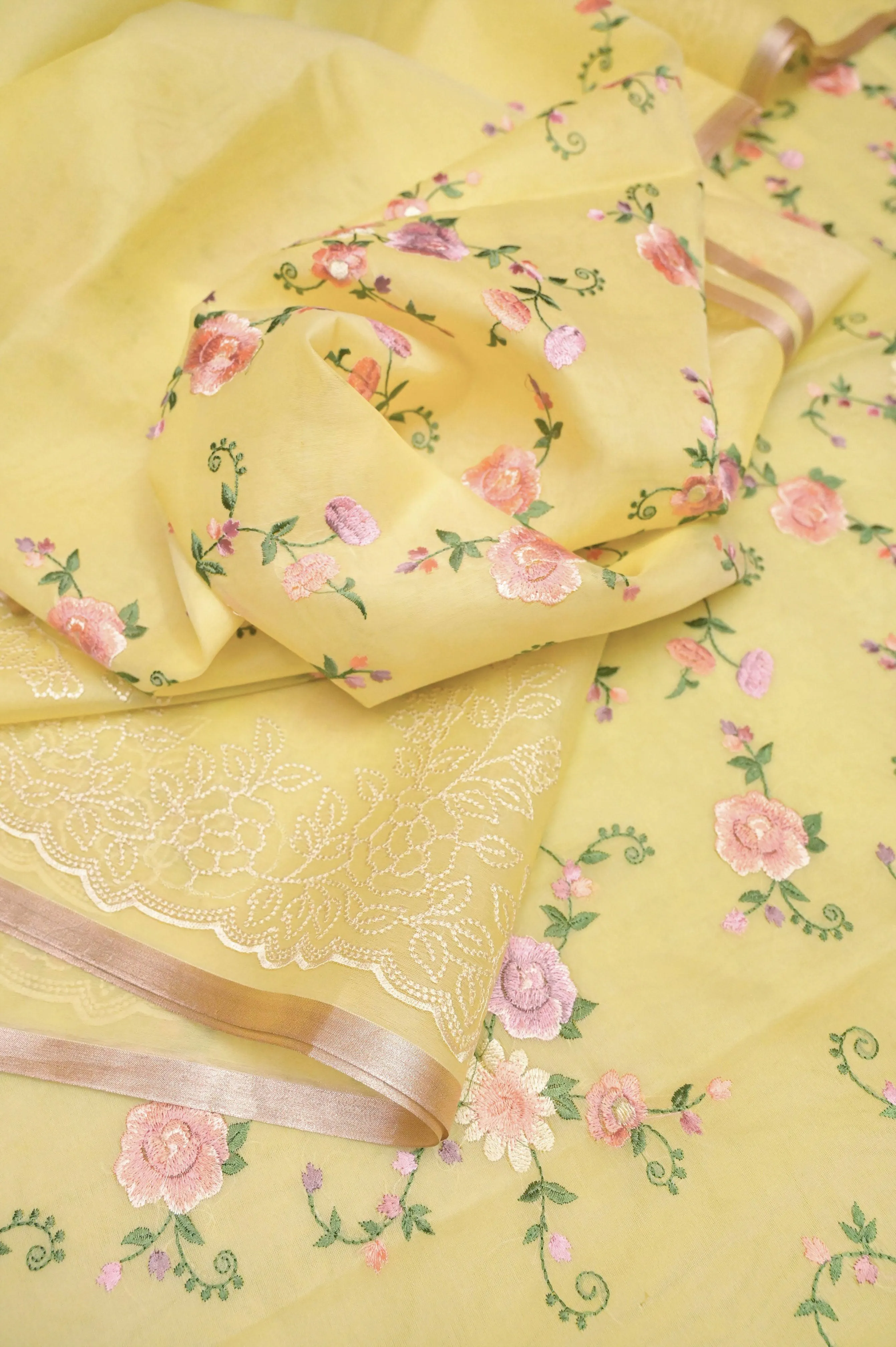 Yellow Organza Saree with Machine Embroidery