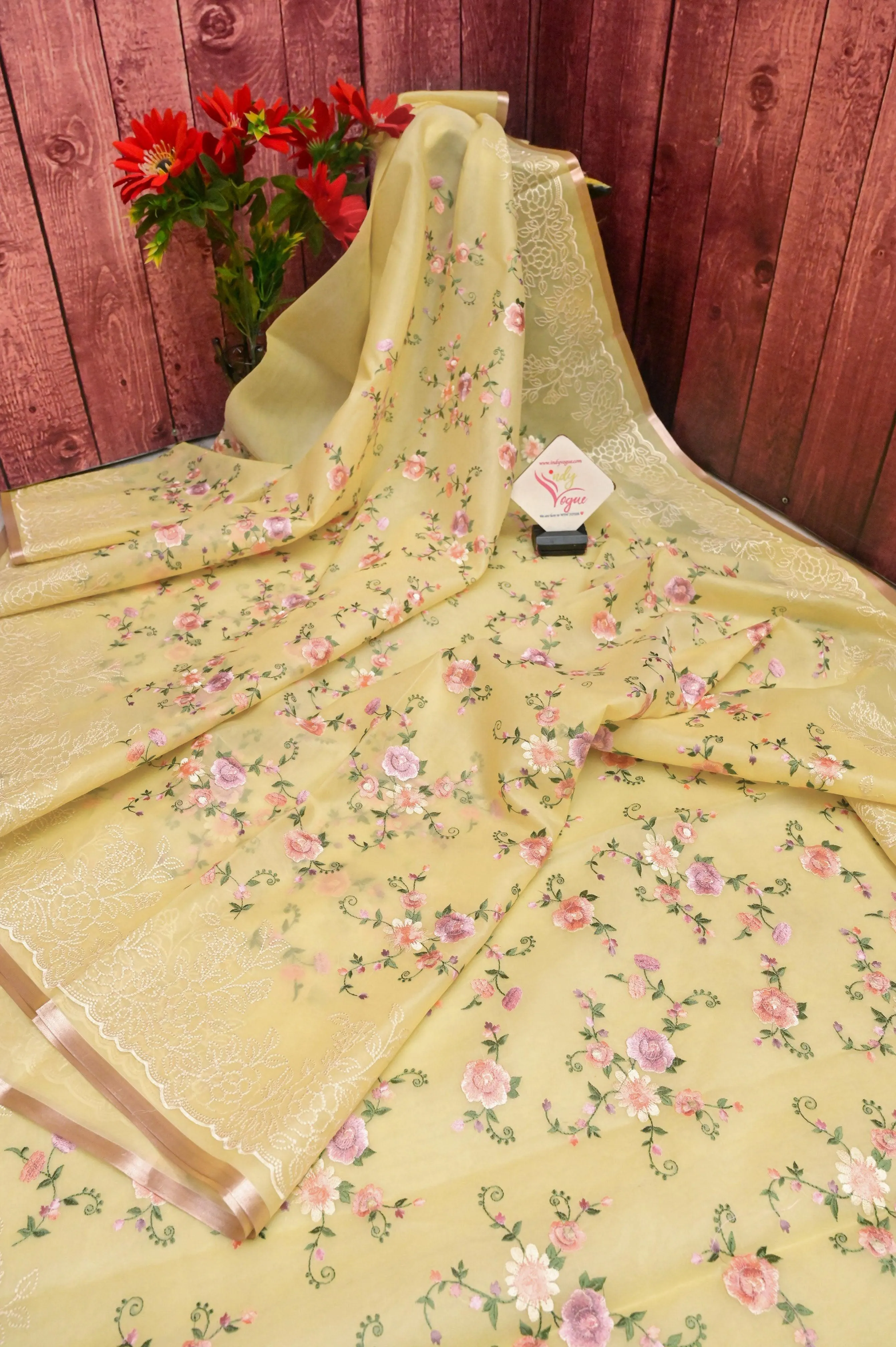 Yellow Organza Saree with Machine Embroidery