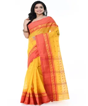 Yellow red handwoven cotton tangail saree