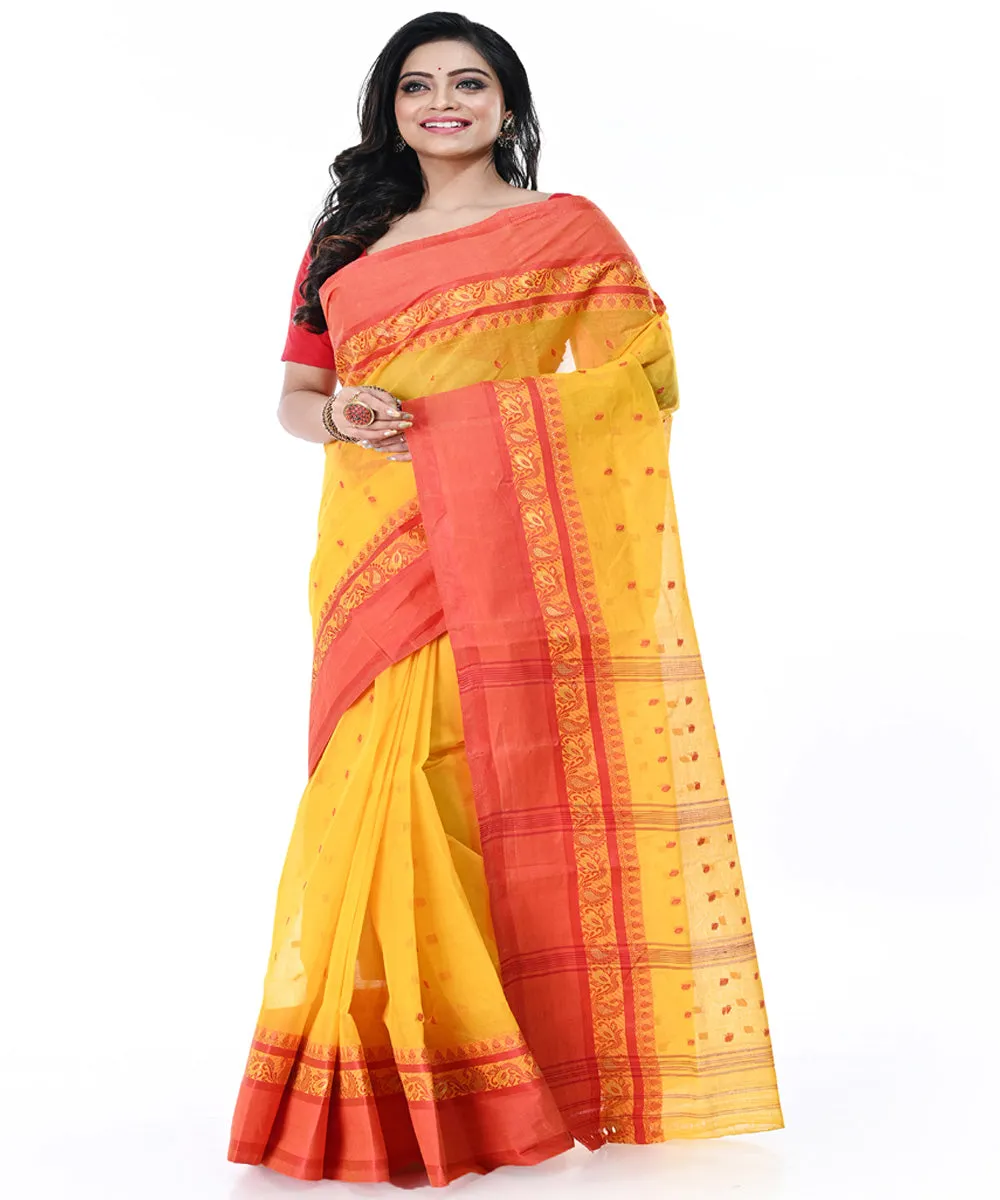 Yellow red handwoven cotton tangail saree