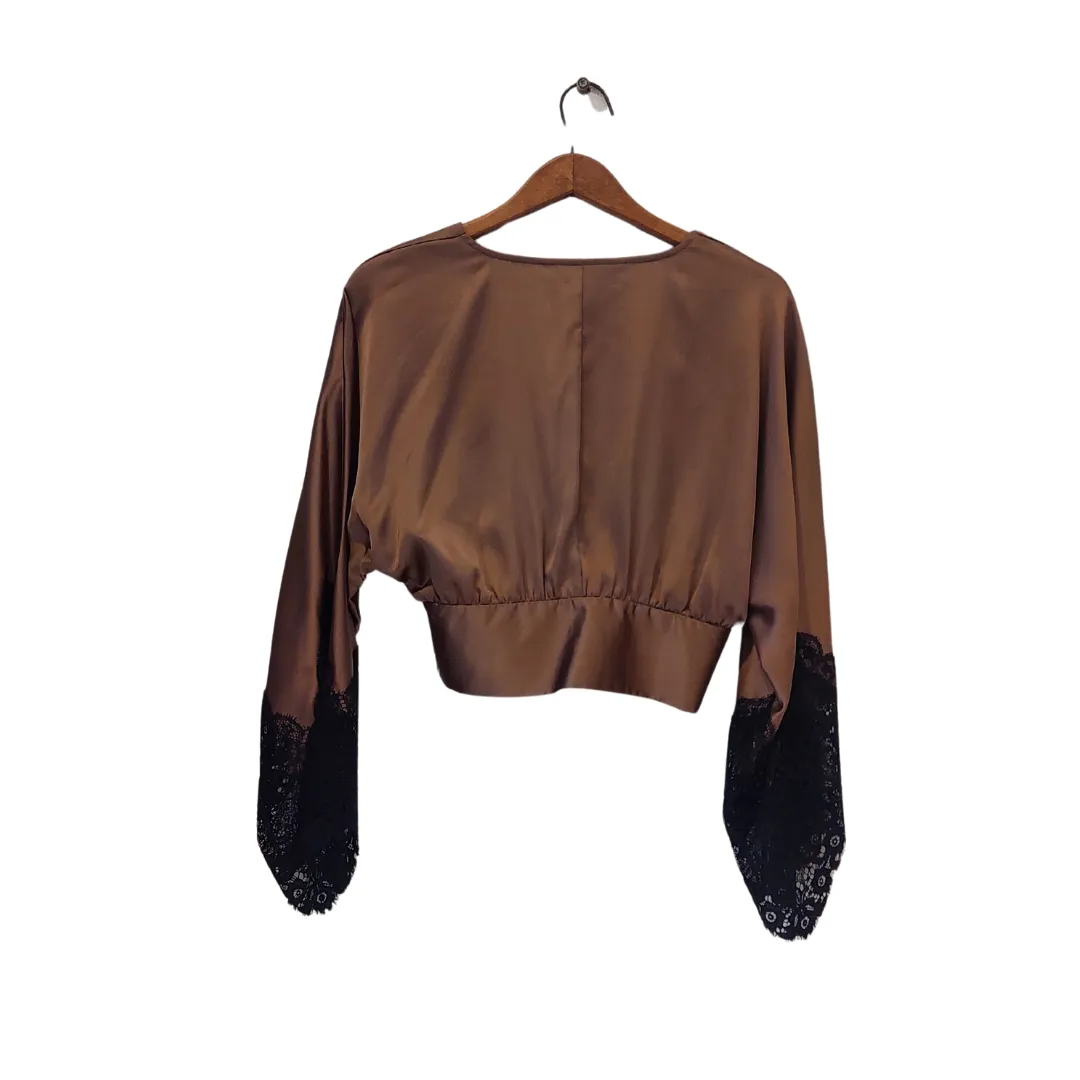 ZARA Bronze Satin with Black Lace Cropped Blouse